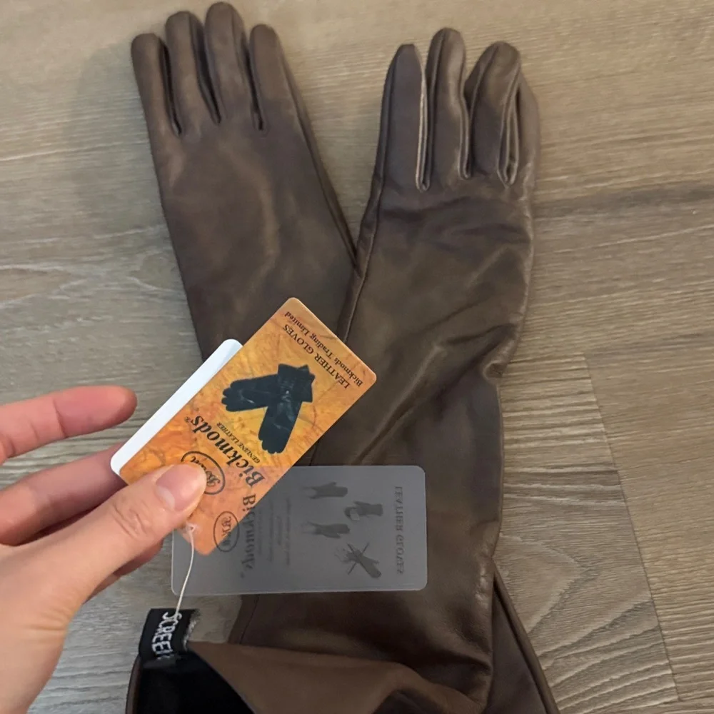 NWT brown calf leather elbow length fleece lined gloves